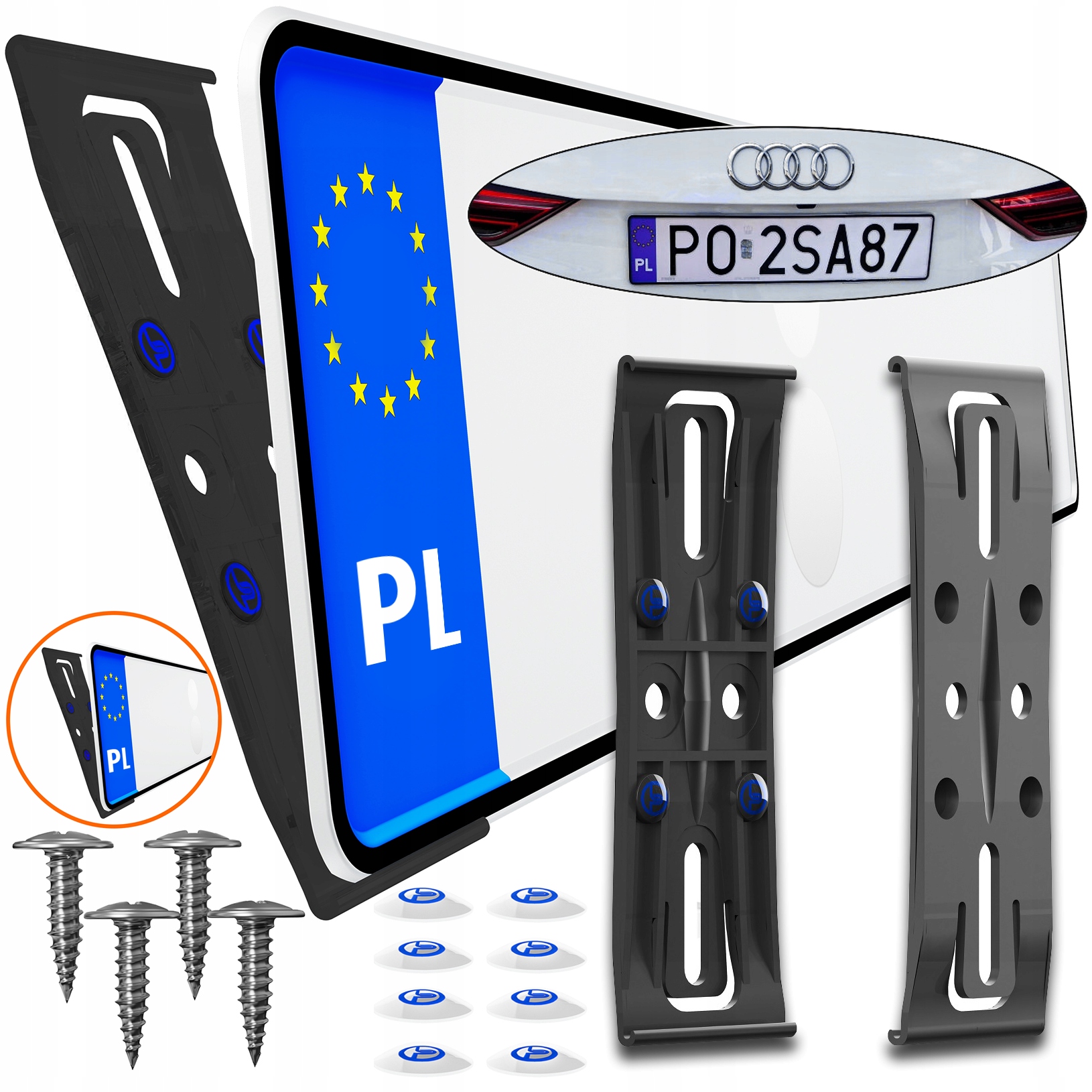 Bezramkowe mocowanie Ramka Pod Tablicę Rejestracyjną Śruby Zaślepki