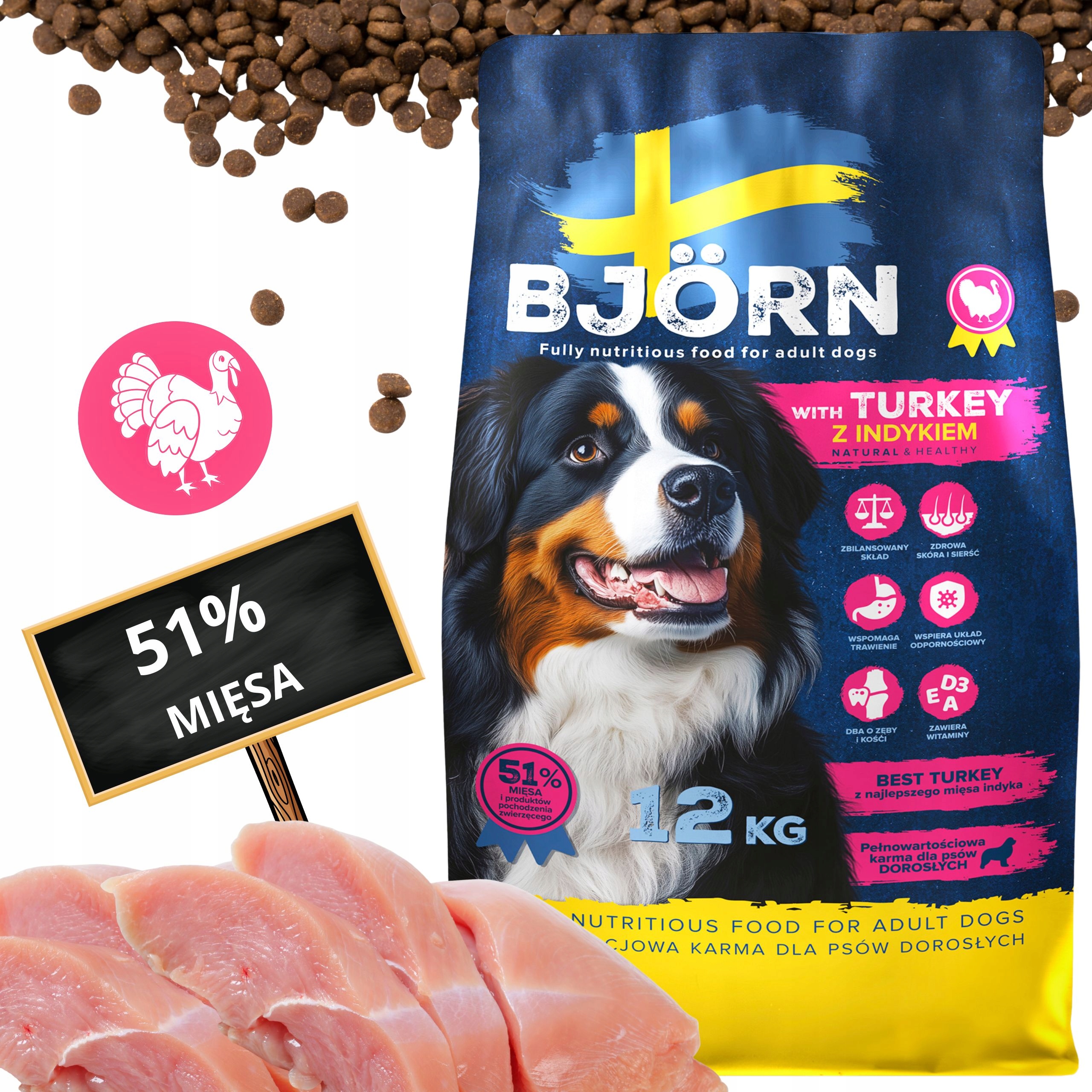 Levně Suché Krmivo Pro Psy Bjorn Adult S Krůtím Masem 51% Prémiové Maso Vitamíny 12KG