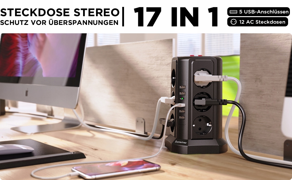 SAMERIVER Przedłużacz Gniazdo Zasilacz 5M USB 17w1 — miniatura 9