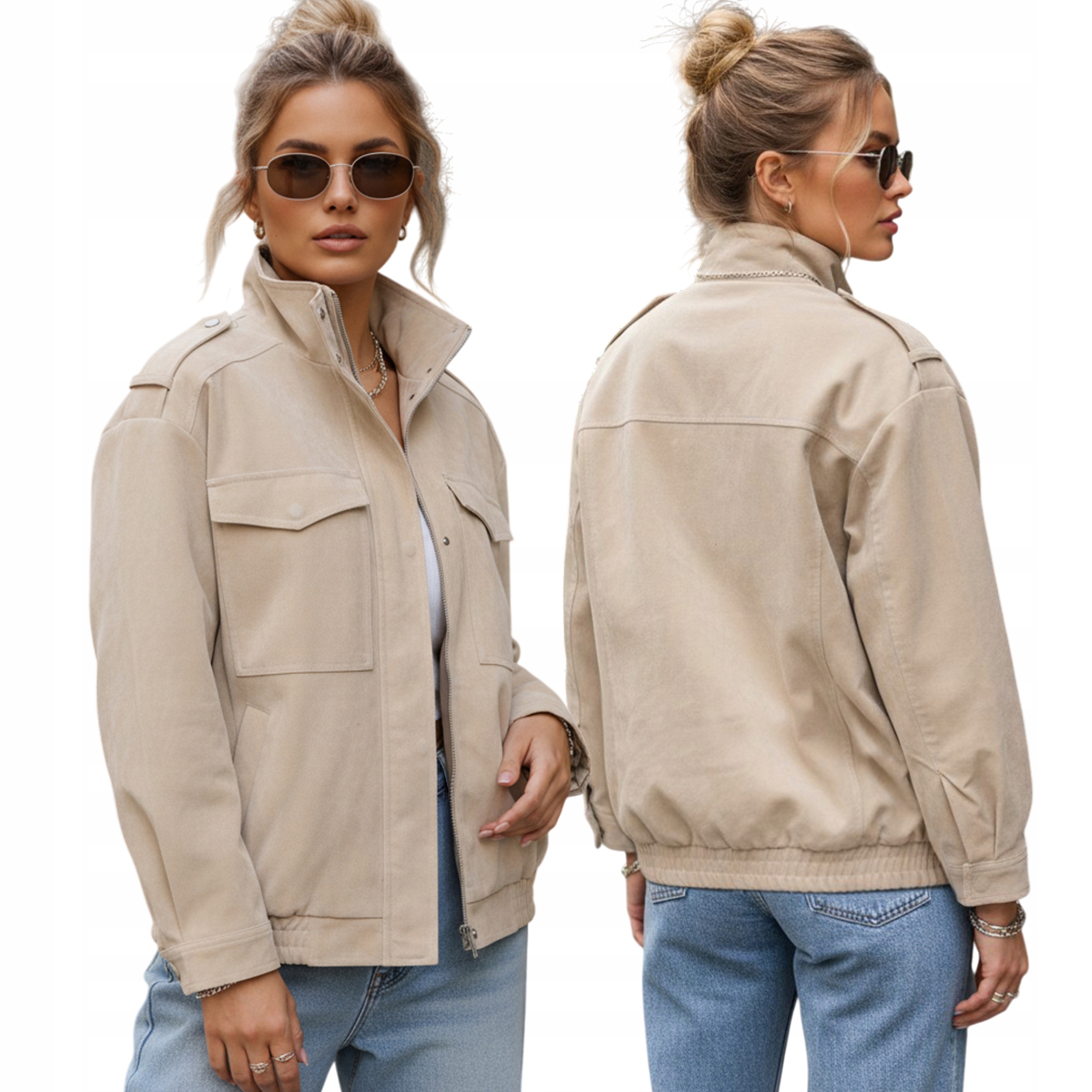 Kurtka damska zamszowa bomberka z wysoką stójką beżowa TY5653 L