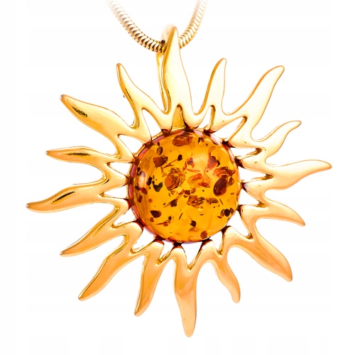 Zlaté Slunce přívěsek ze stříbra 925 s přírodním Jantarem Baltský, pozlacený