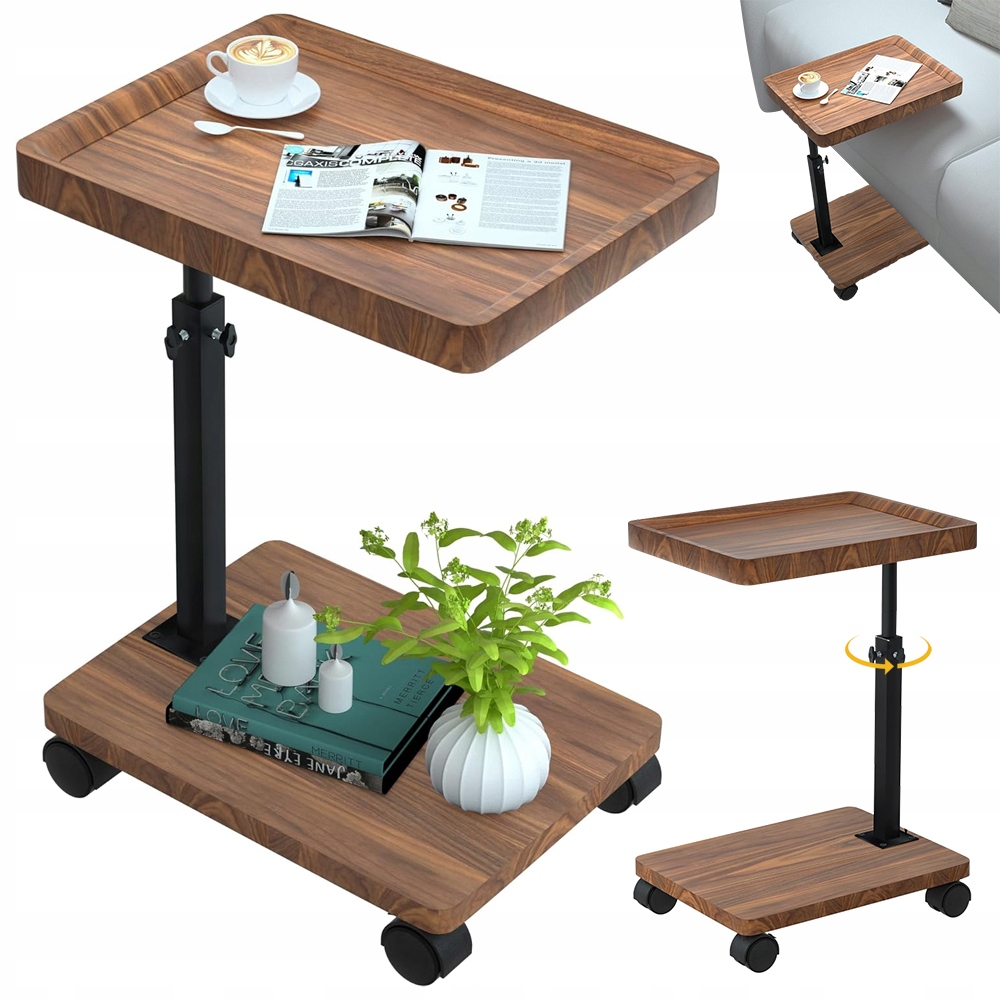 Kávový Stolek Na Kolečkách, Nastavitelná Výška 45-80 CM, Otáčení 360° Ořech