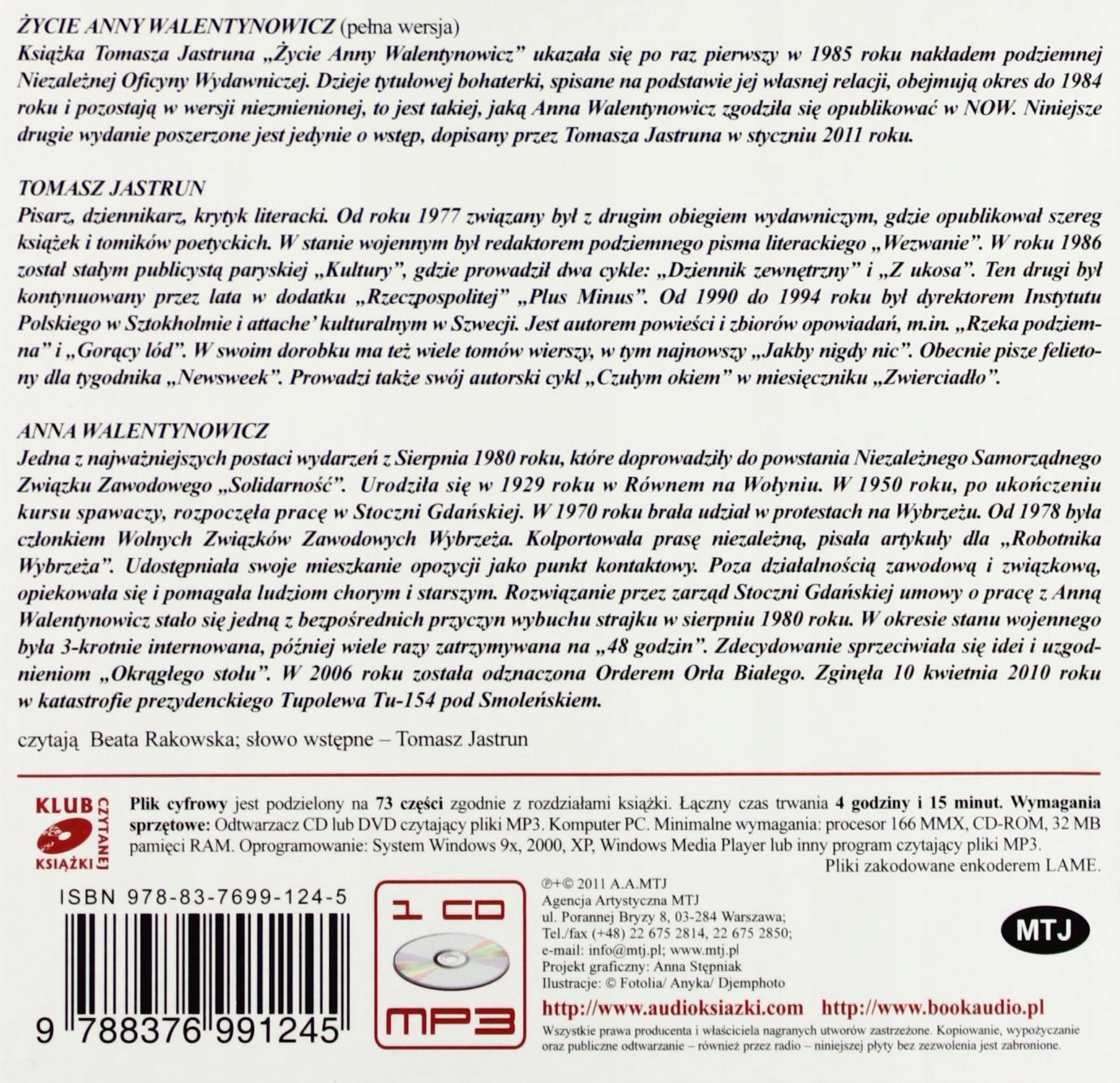 ŻYCIE ANNY WALENTYNOWICZ - TOMASZ JASTRUN [AUDIOBOOK] [CD-MP3] Stan opakowania oryginalne