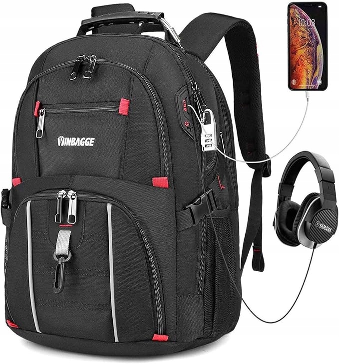 Vinbagge Turistický, školní velký batoh, voděodolný 17'' Usb s visacím zámkem