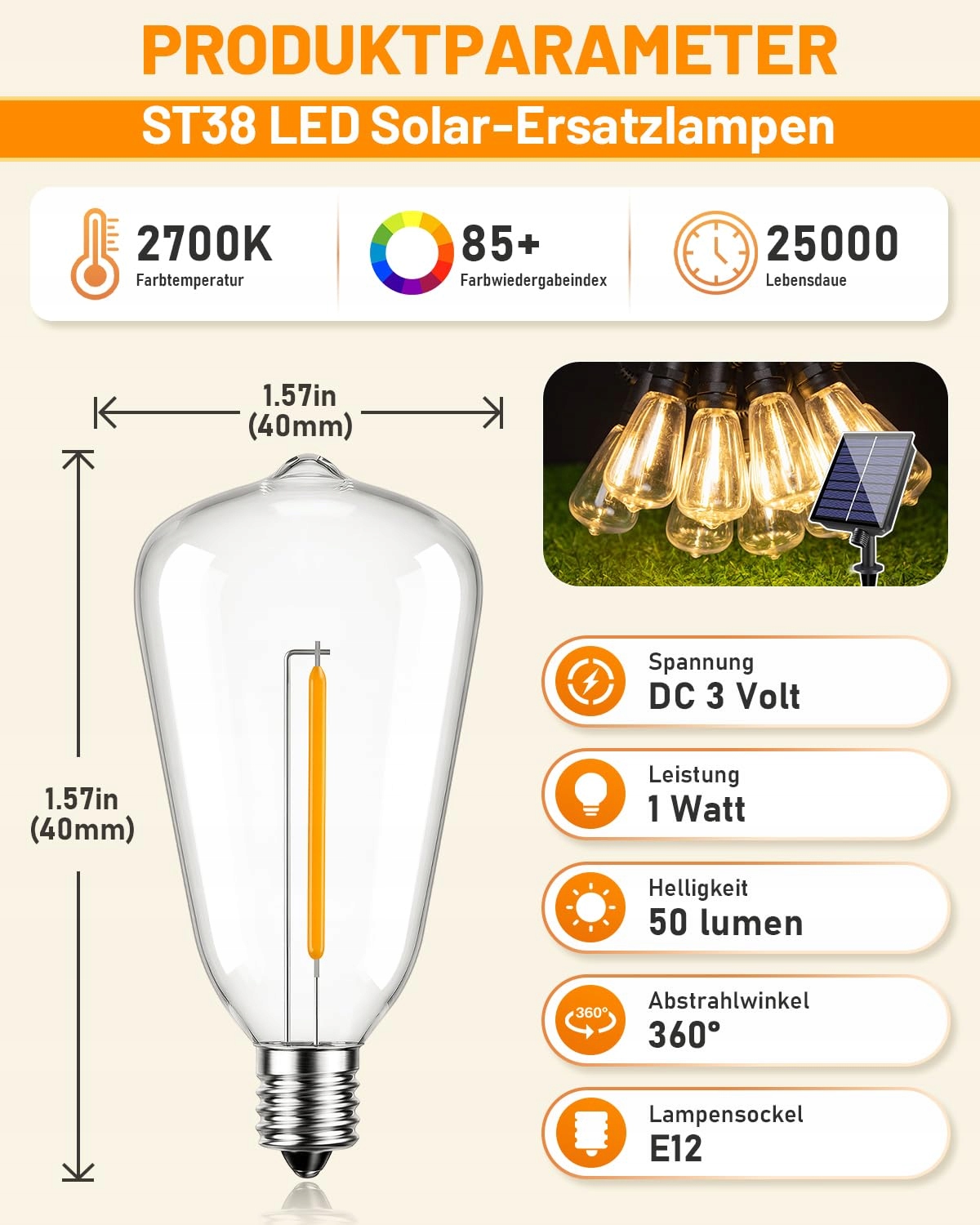 HCNEW 25 Sztuk E12 ST38 LED Solarne Żarówki 2700K Ciepłe Białe 1W 3V — miniatura 2