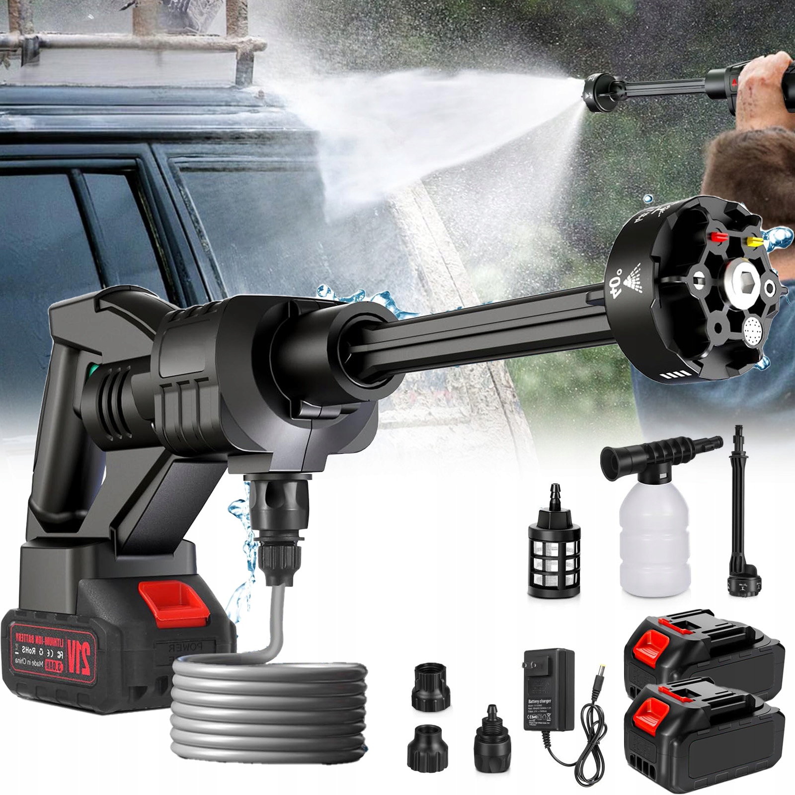 Akumulátorová Tlaková Myčka 100 Bar 21V 3AH Akumulátorová Multifunkční Tryska