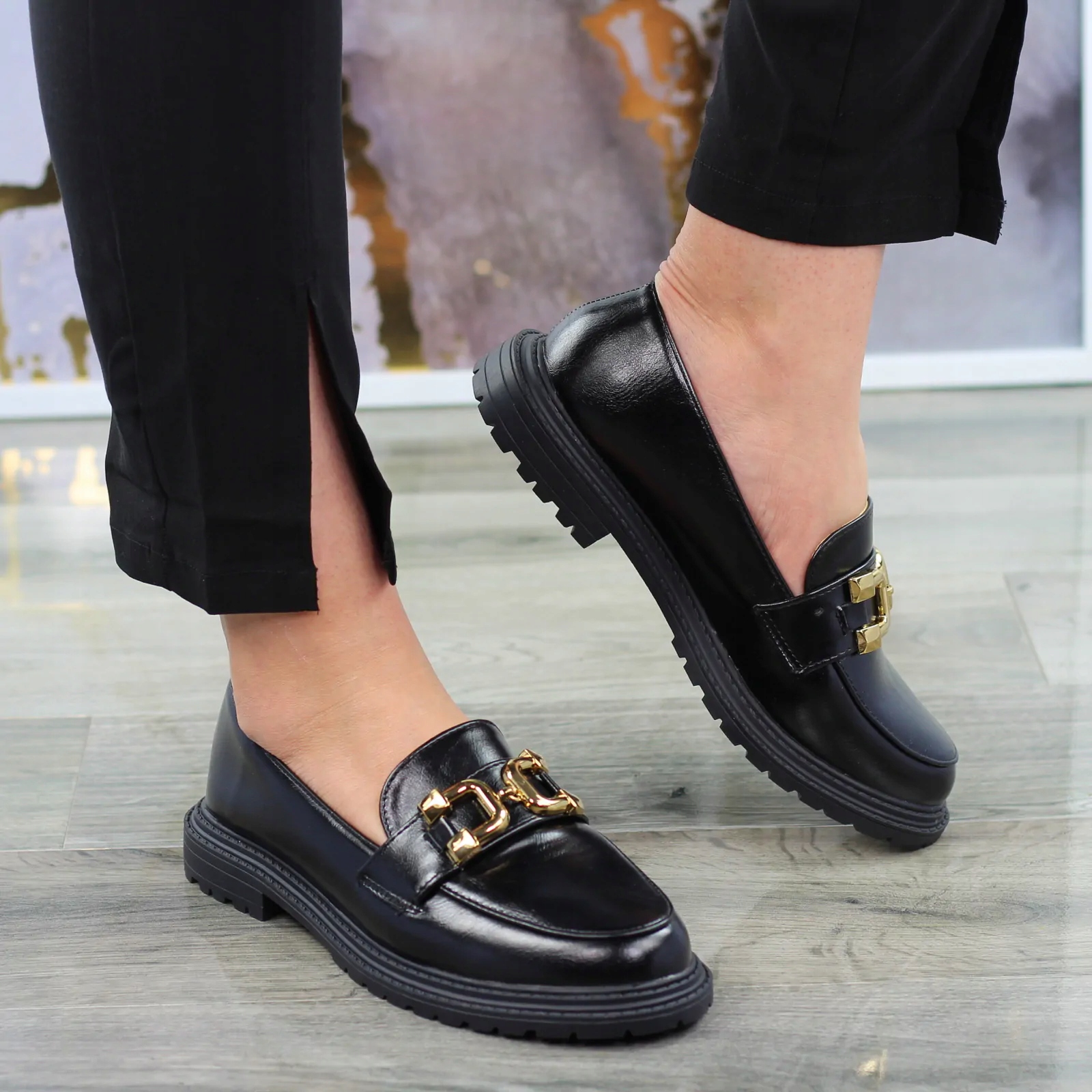 CZARNE SKÓRZANE MOKASYNY DAMSKIE PÓŁBUTY PŁASKIE 8 Rozmiar 38