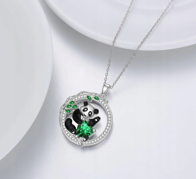 Naszyjnik Dziecięcy Srebrny Miś Panda Serduszko Cyrkonie Materiał Inny