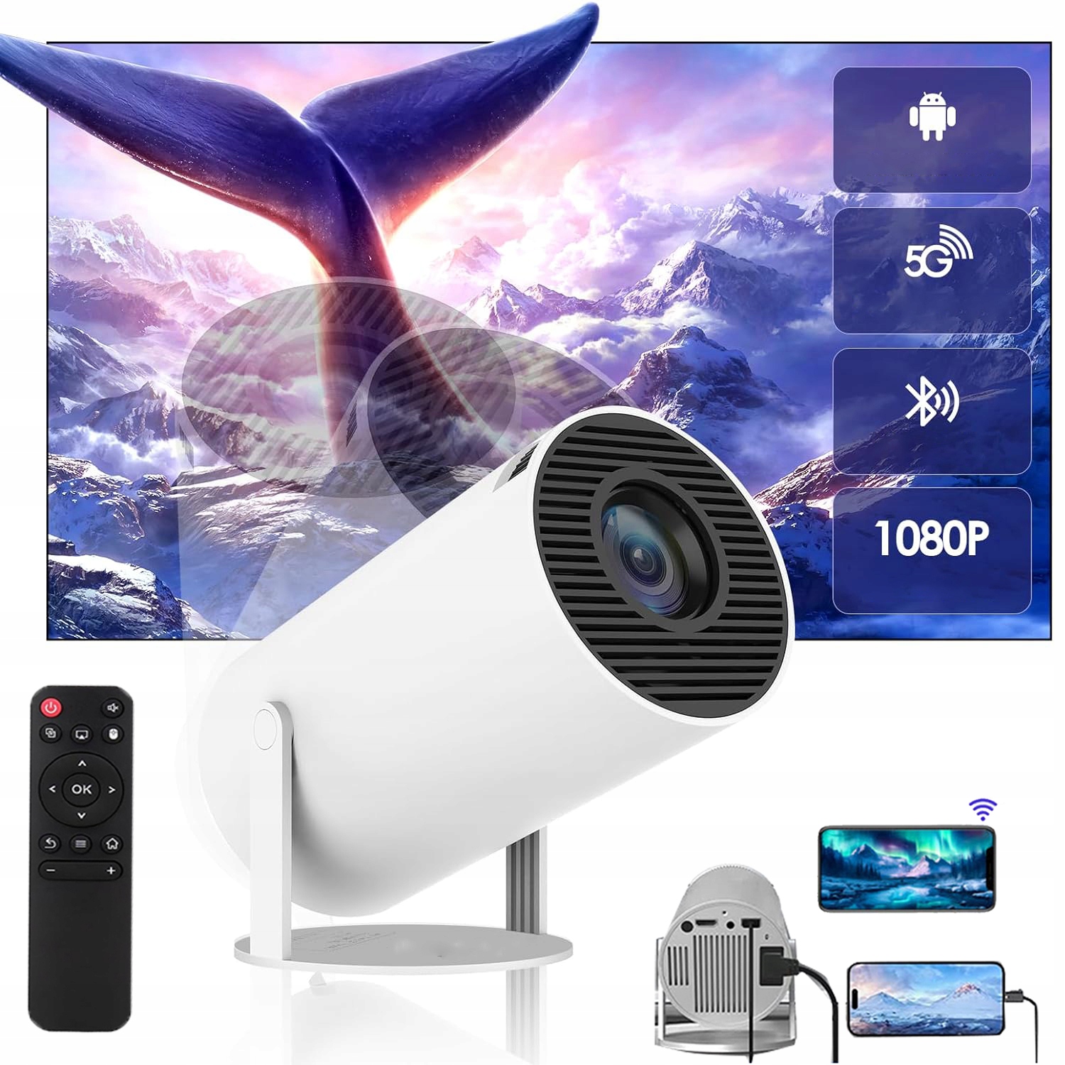 Projektor 5G Wifi Pilot Mini Android Tv 130'' 4K Full Hd HY300 Led