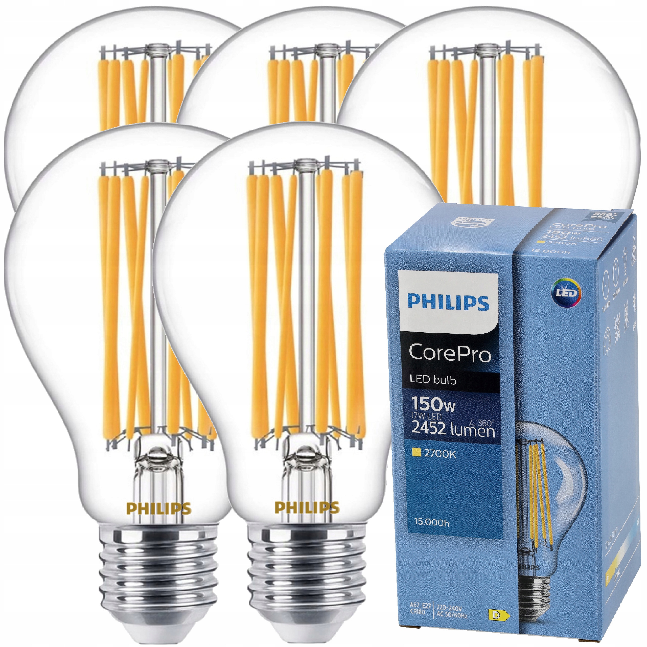 Philips Led žárovka E27 17W 150W 2452lm 144lm/W 2700K Dekorativní filament 5x