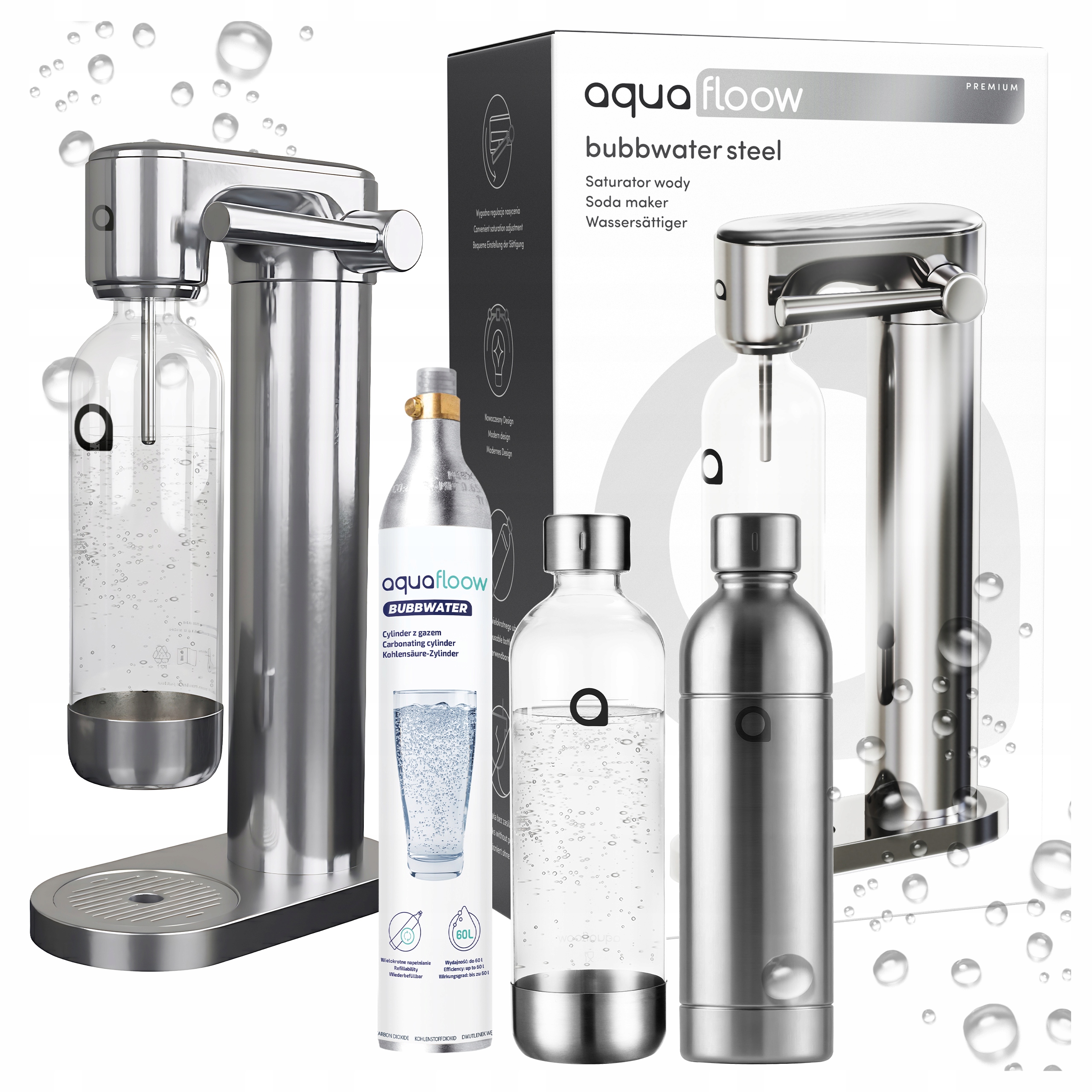 Stalowy Saturator Do Wody 2X Butelka Na Wodę Aquafloow Cylinder CO2 Zestaw