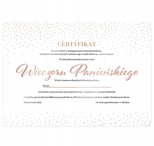 

Certyfikat Panny Młodej wieczór panieński rosegold