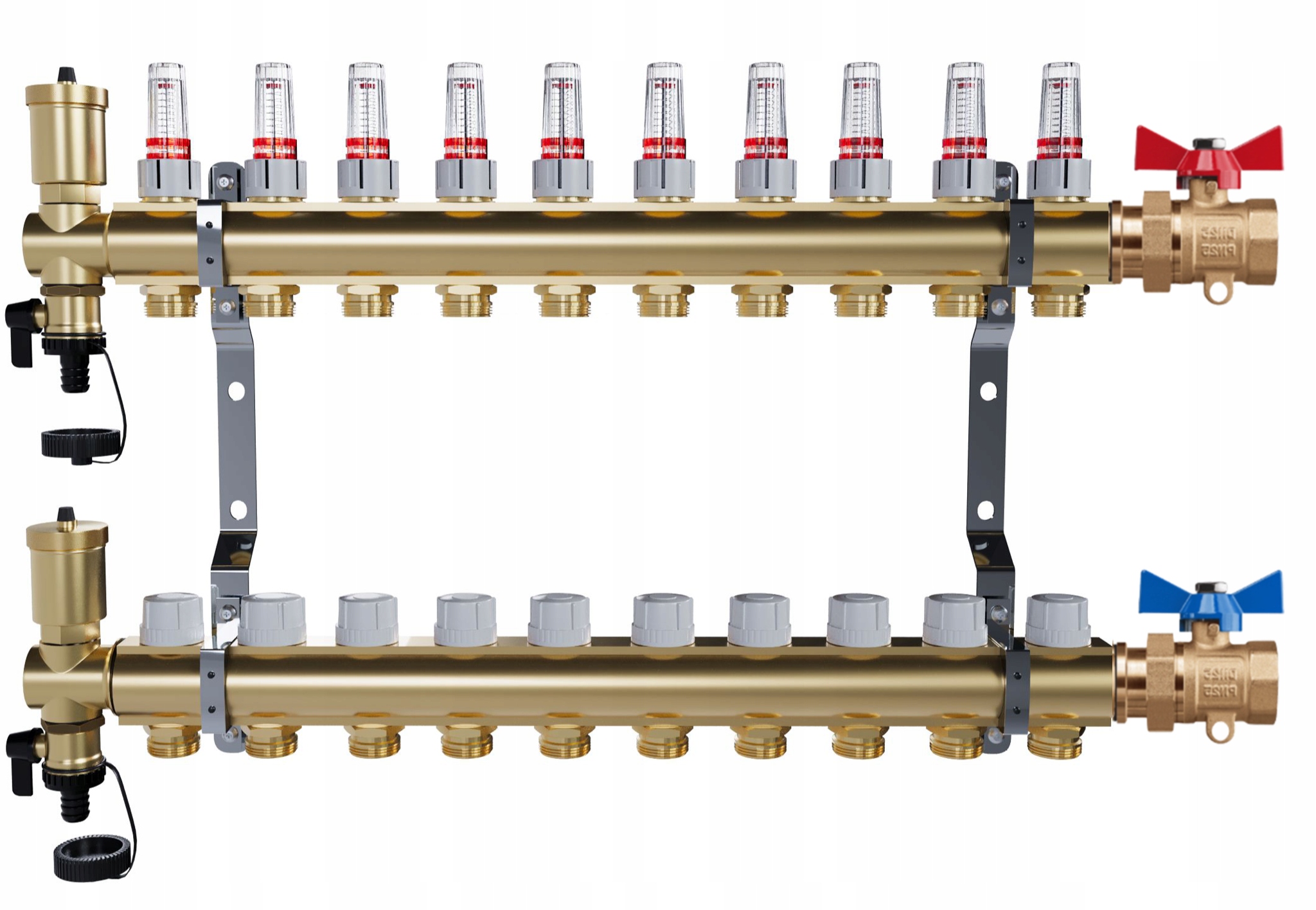Rozdělovač pro podlahové vytápění – 10 okruhů jednoduché kulové ventily