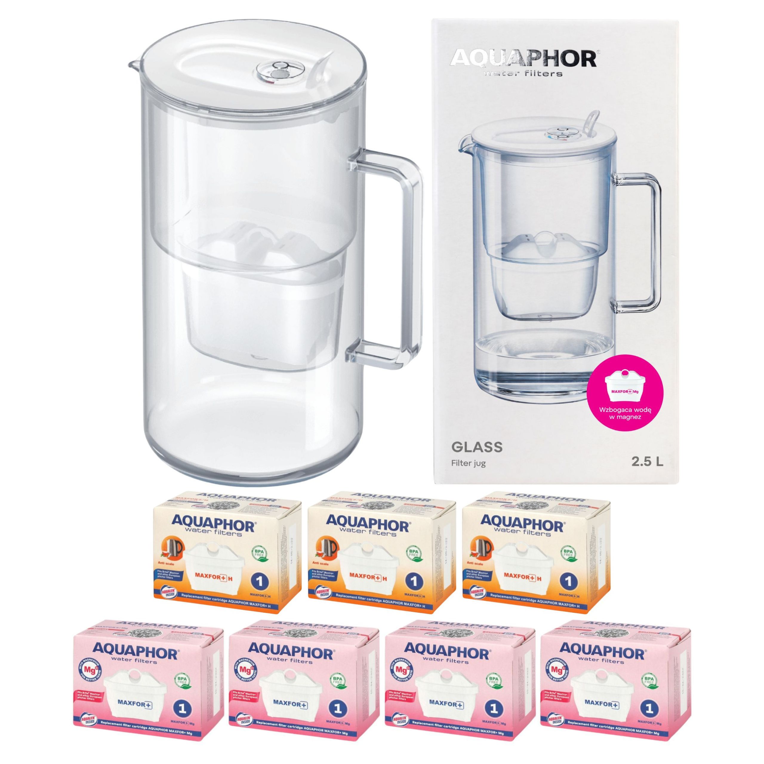Skleněná filtrační konvice na vodu Aquaphor Glass bílá 7 filtrů (4Mg+3H)