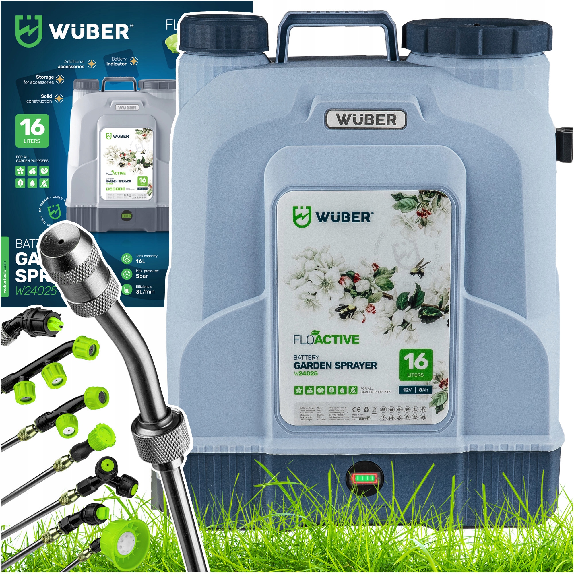 Opryskiwacz Ogrodowy Elektryczny Plecakowy Akumulatorowy 16L Zestaw Wuber
