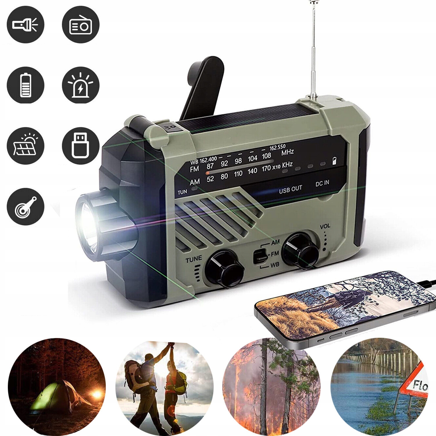 AWARYJNE RADIO SOLARNE PRZENOŚNE RADIO Z KORBĄ RADIO SOLARNE AM/FM 2000MAH