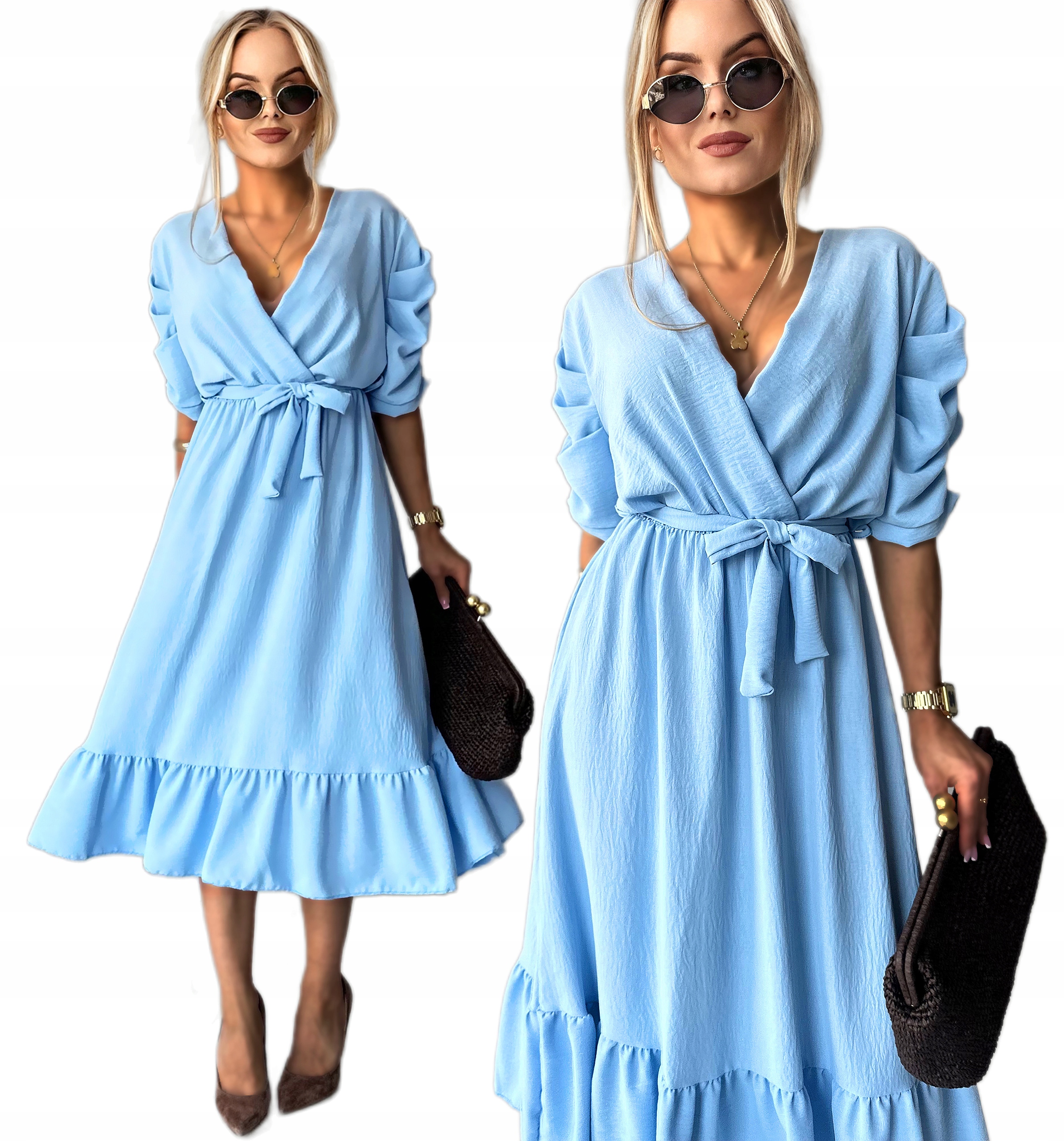 Sukienka Damska rozkloszowana falbana drapowany rękaw wesele Lara