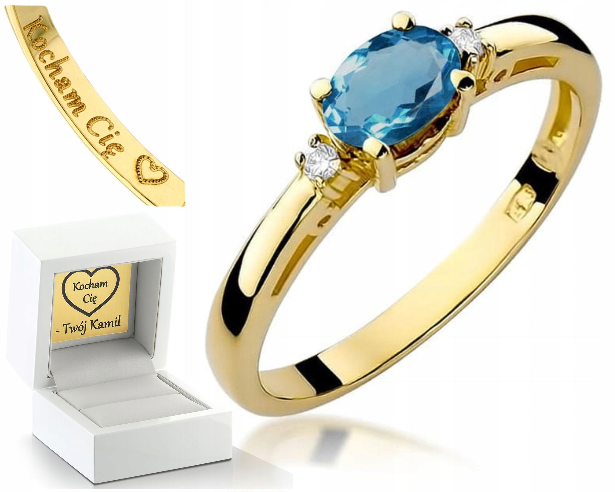 Zlatý Prstýnek Topaz London Blue Tyrkysový Briliant Gravírování 585 Dárek