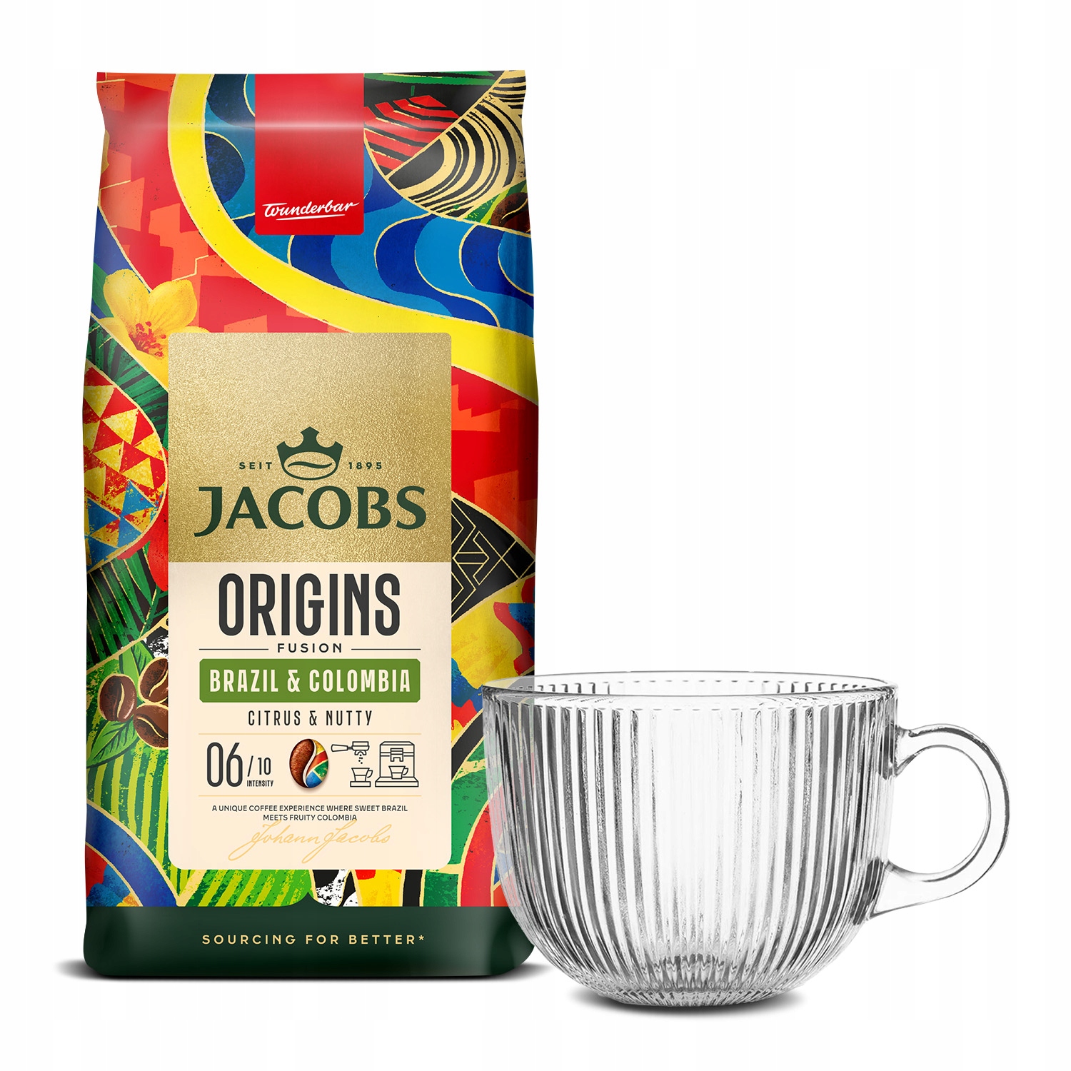 Zestaw kawa ziarnista Jacobs Origins Brazil Arabica kubek ryflowany 510ml