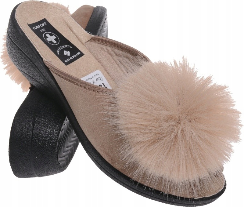 KLAPKI PANTOFLE DAMSKIE POLSKIE PROFIL POMPON be39