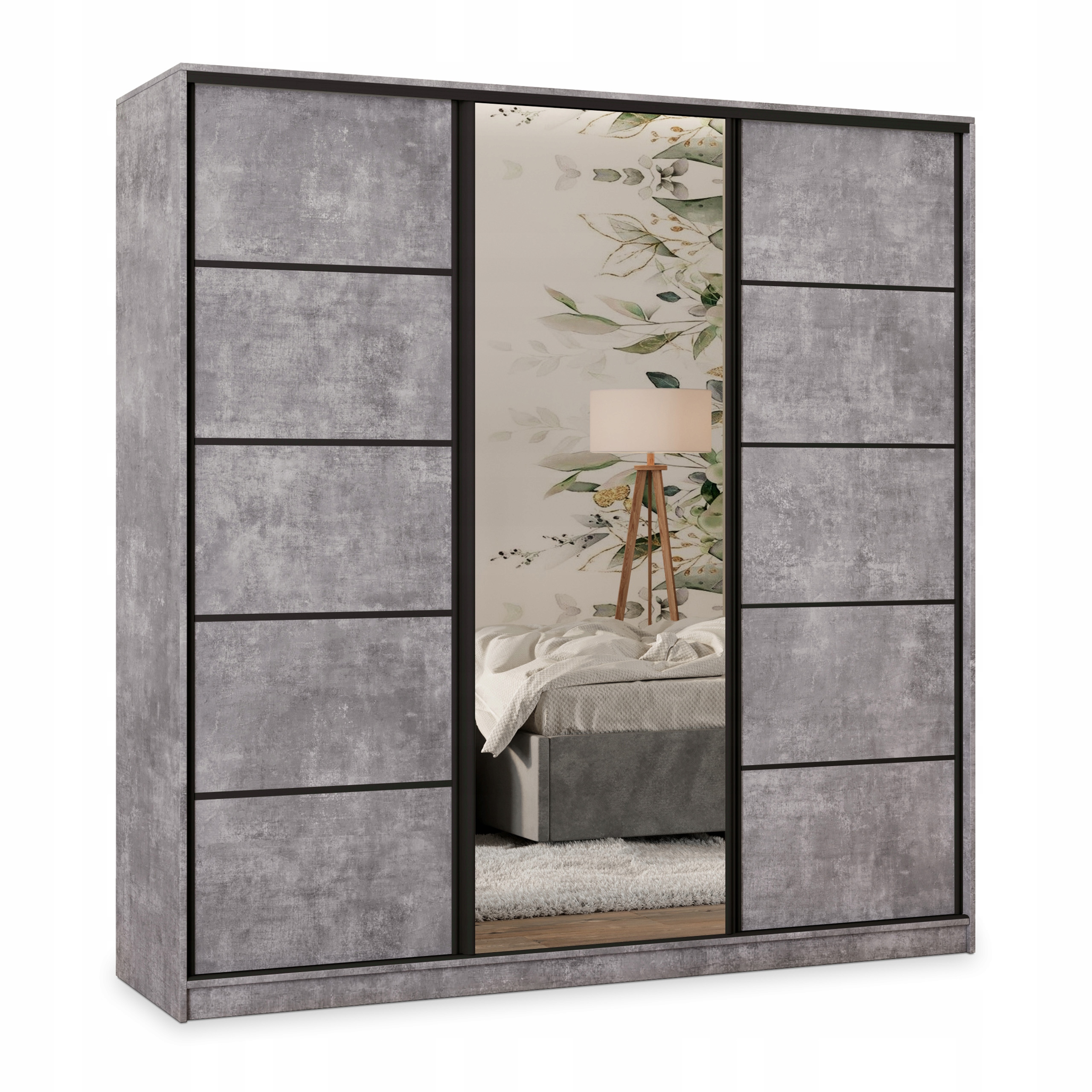 Skříň Posuvná Pina 180 cm se zrcadlem Zásuvky Třídveřová Beton světlý