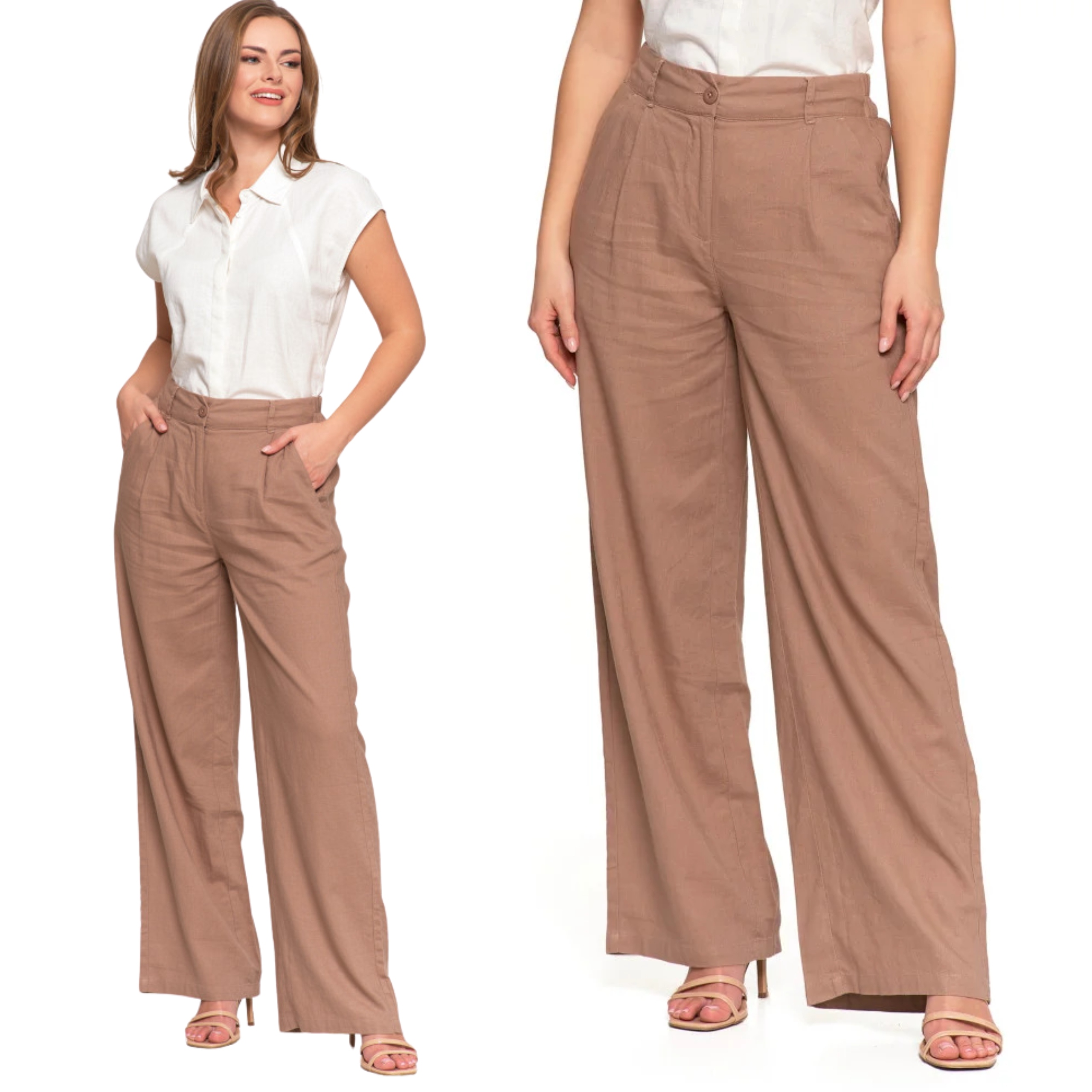 Spodnie Lniane Damskie Szerokie z Wysokim Stanem Moraj L