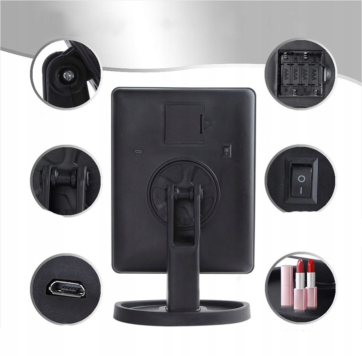 LUSTERKO KOSMETYCZNE PODŚWIETLANE LED ROZKŁADANE POWIĘKSZAJĄCE DO MAKIJAŻU Wysokość 280 mm