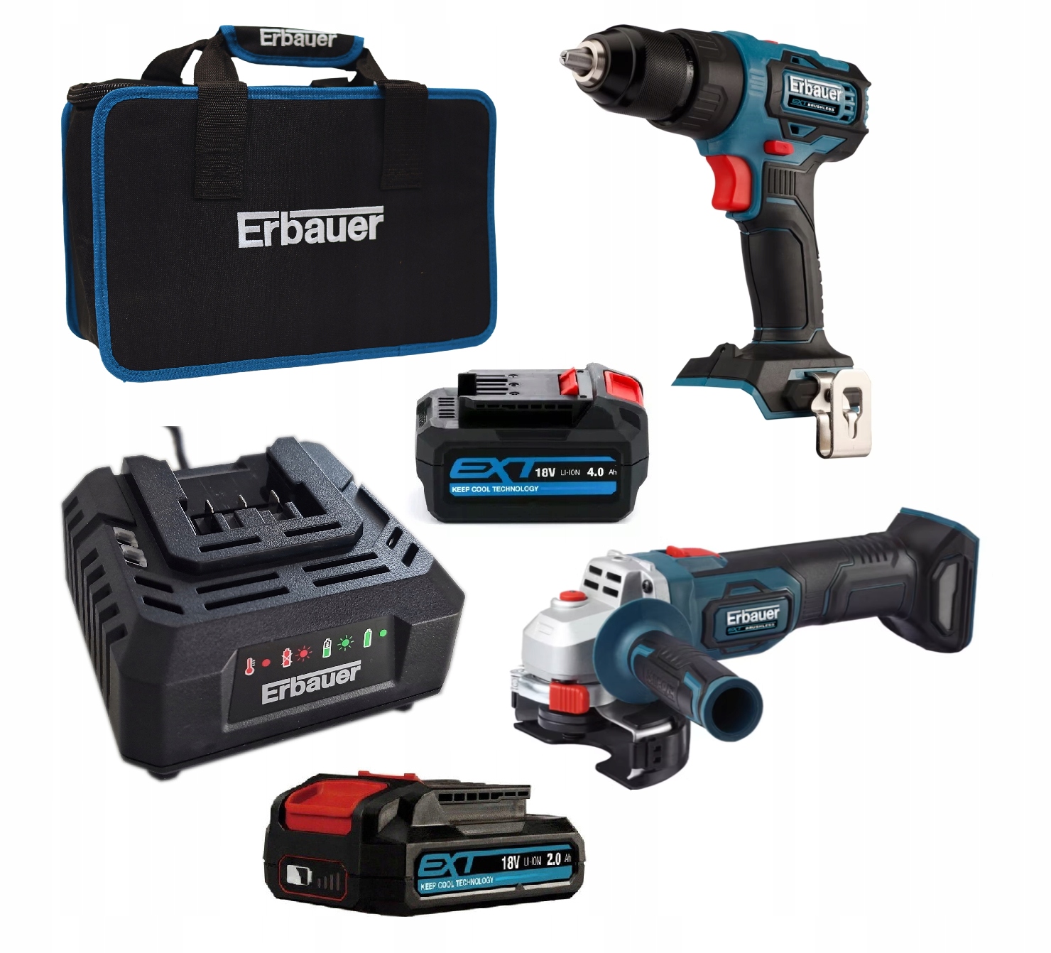 Zestaw Wkrętarka Szlifierka Kątowa Erbauer 18V Akumulatory 4 2 Ah