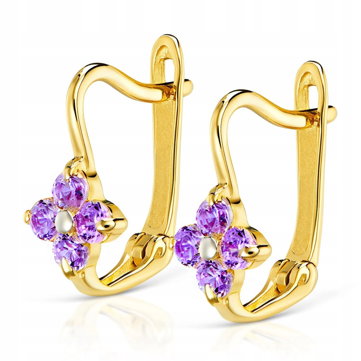 Złote Kolczyki 585 Kwiatki Fioletowe Z Cyrkoniami Dla Dziewczynki