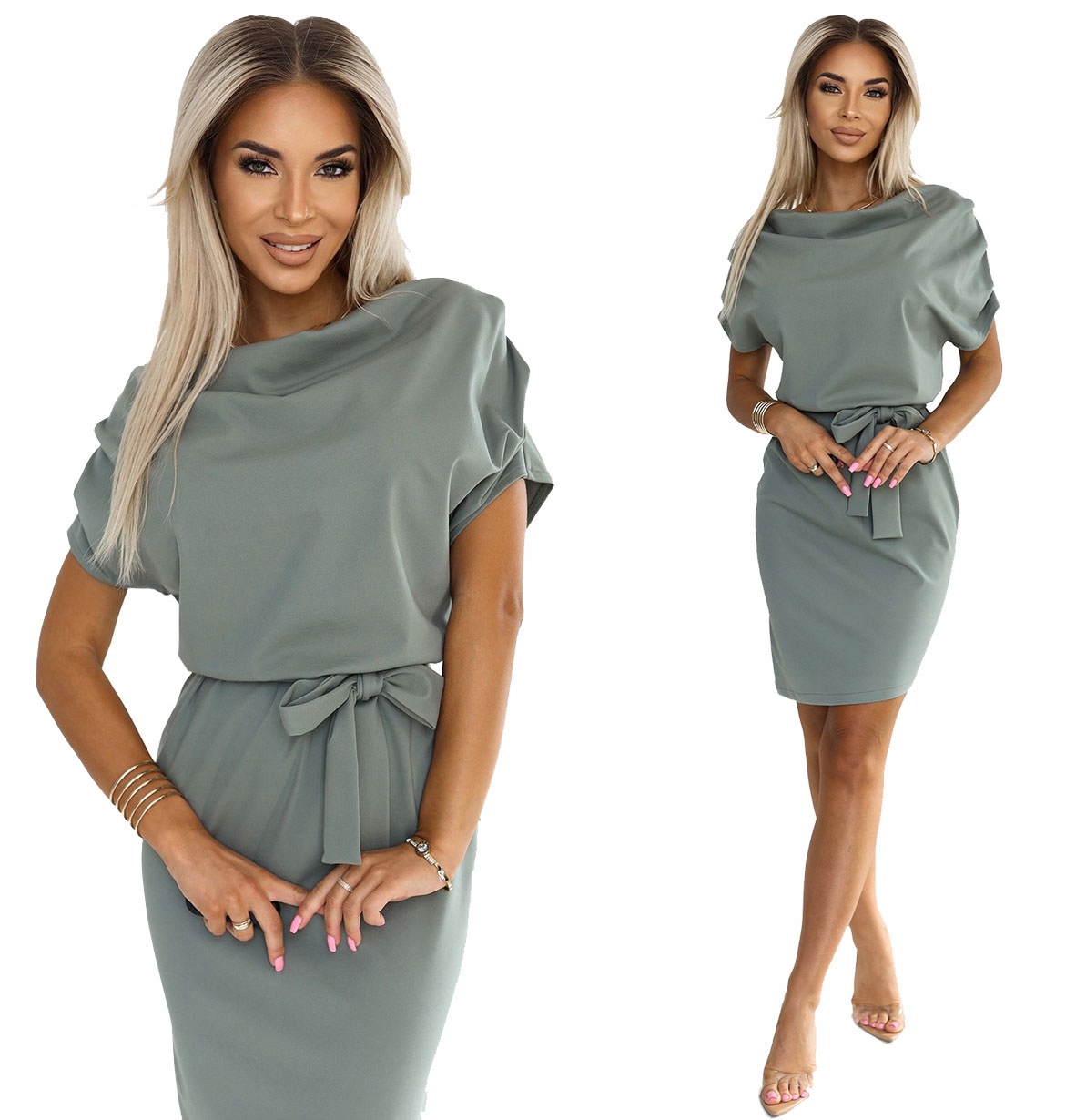 Stylová Šaty S Asymetrickým Spodním Dílem, Zavazování V Pase, Pohodlná, Olivová, Velikost XL