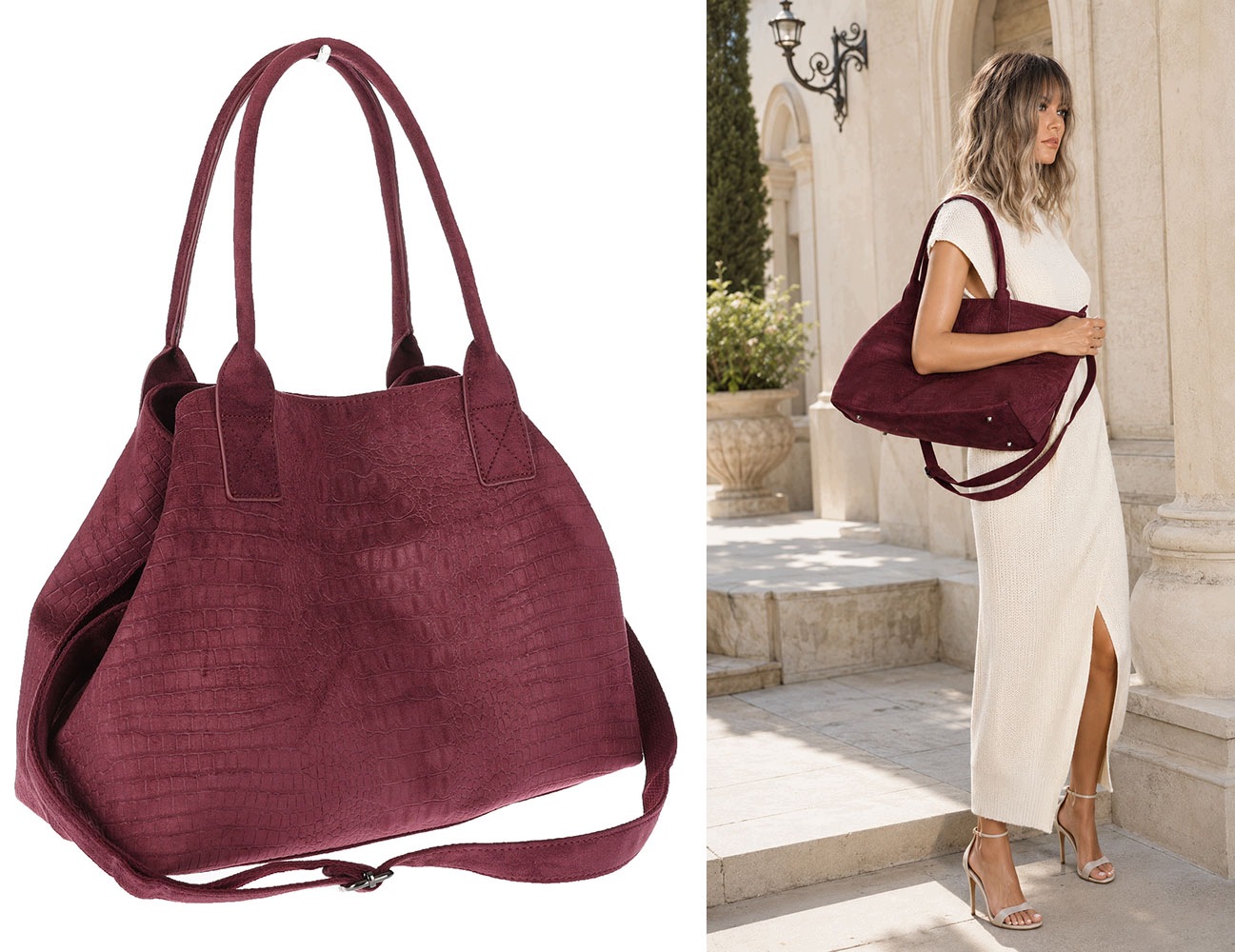 Dámská shopper kabelka semišová módní lehká taška pásek L540 Bordó