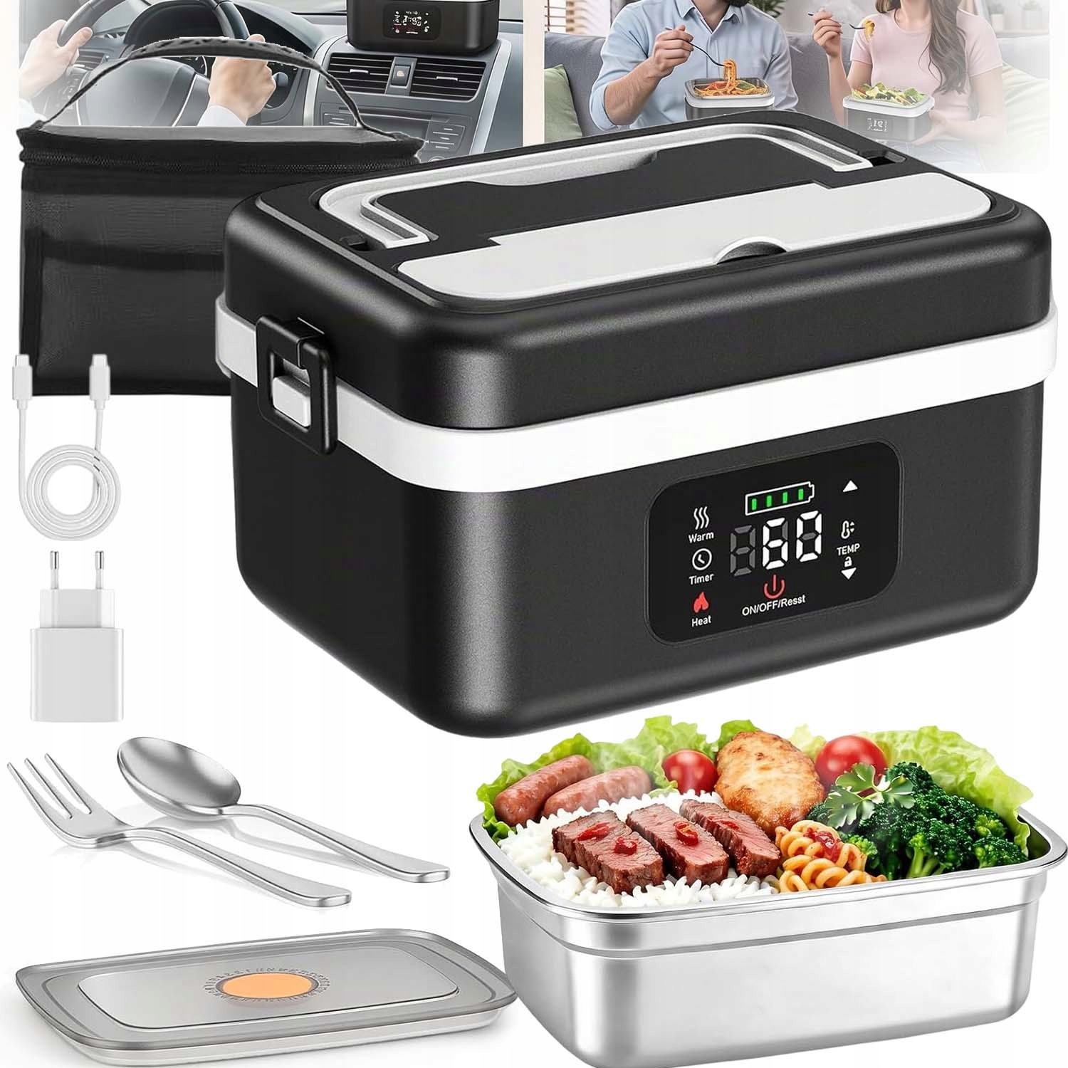Elektrický Vyhřívaný Obědový Box 1000 ML 60 W Nerezová Ocel Trvanlivost 12 V