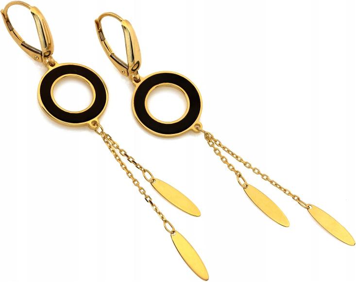 Zlaté náušnice závěsné 585 dlouhé závěsné s černým smaltem, řetízky, kolečko