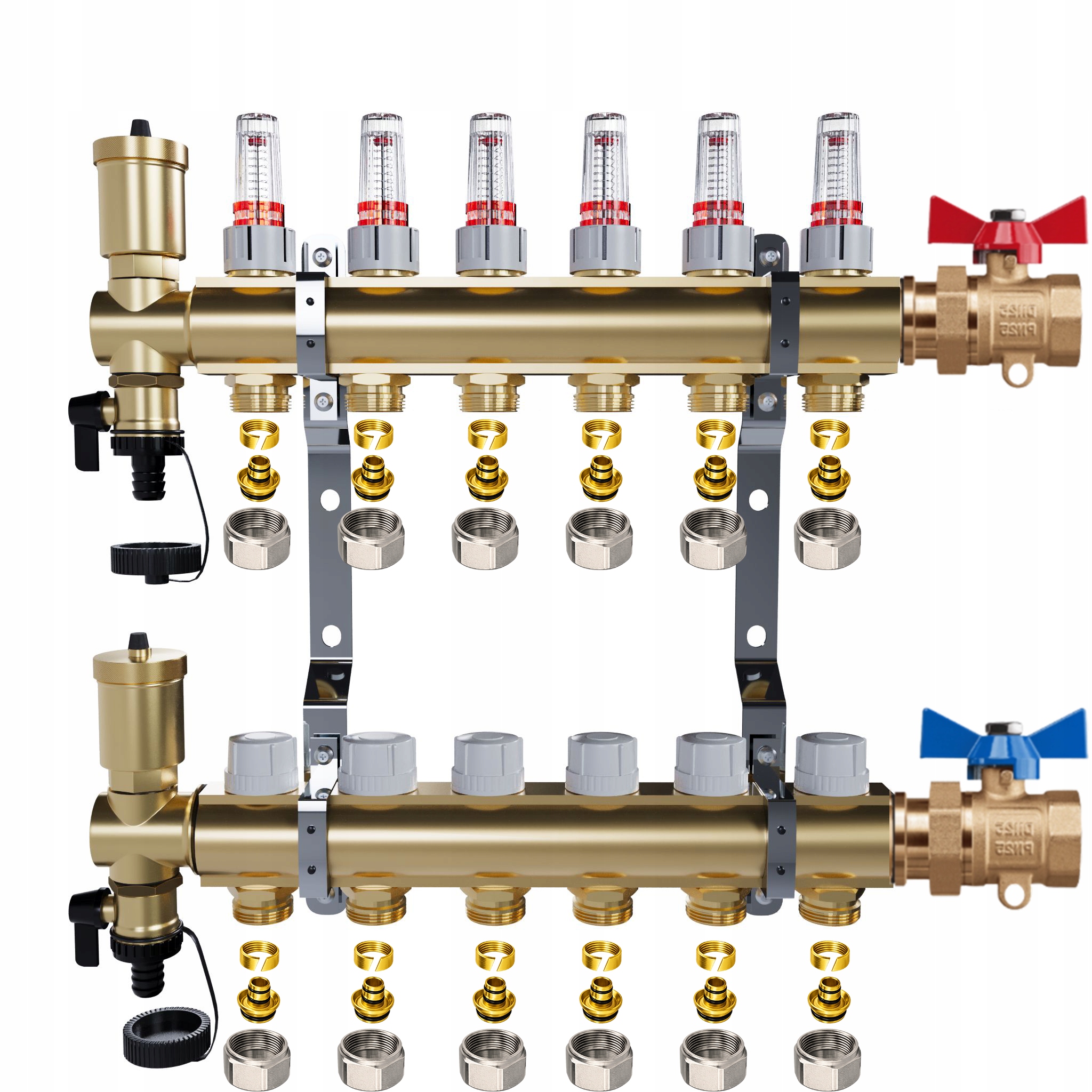 Rozdělovač pro podlahové vytápění – 6 okruhů jednoduché ventily Pex