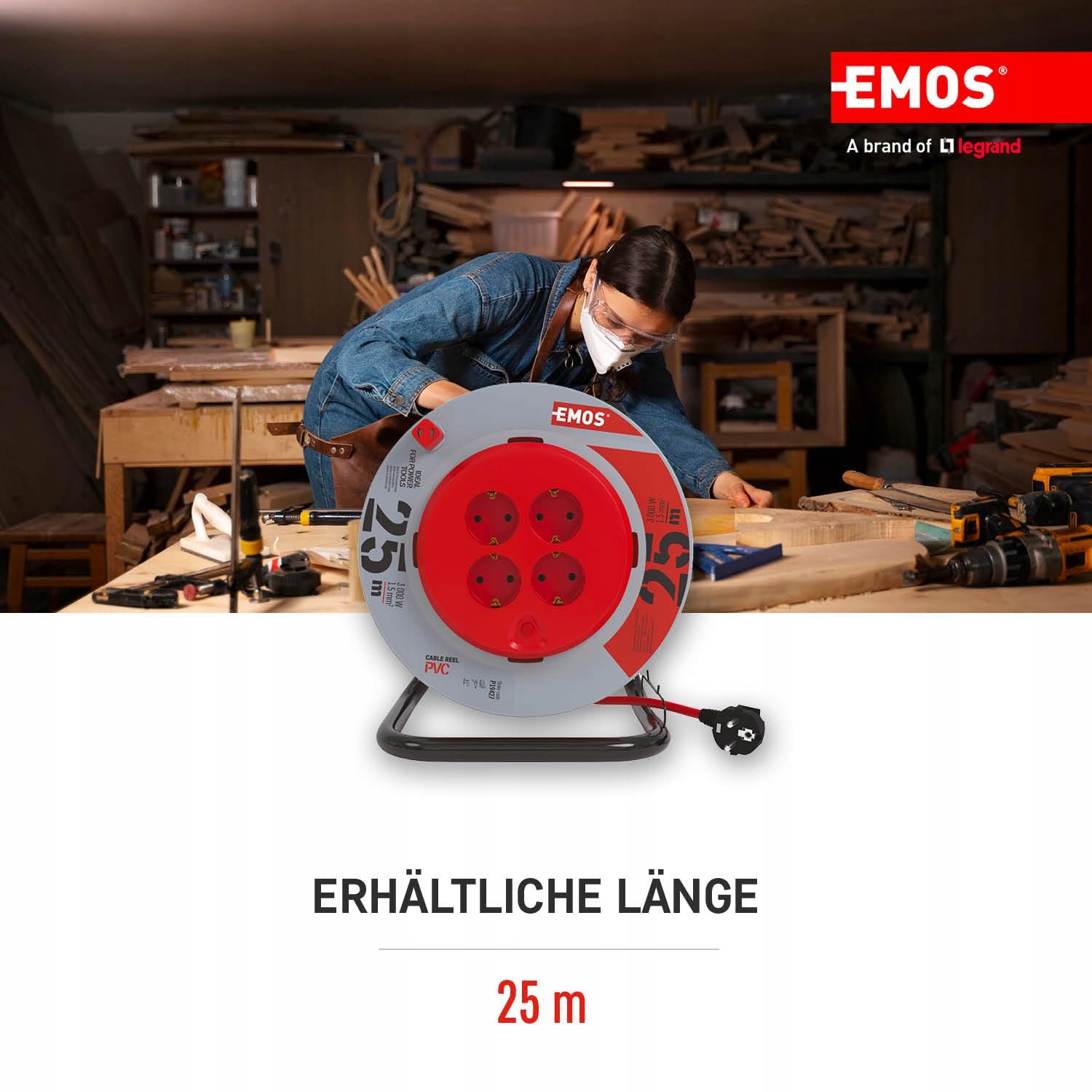 EMOS Kabel Bębnowy 25m 4 Gniazda Schuko 230V 3000W Ochrona Przegrzaniem — miniatura 4