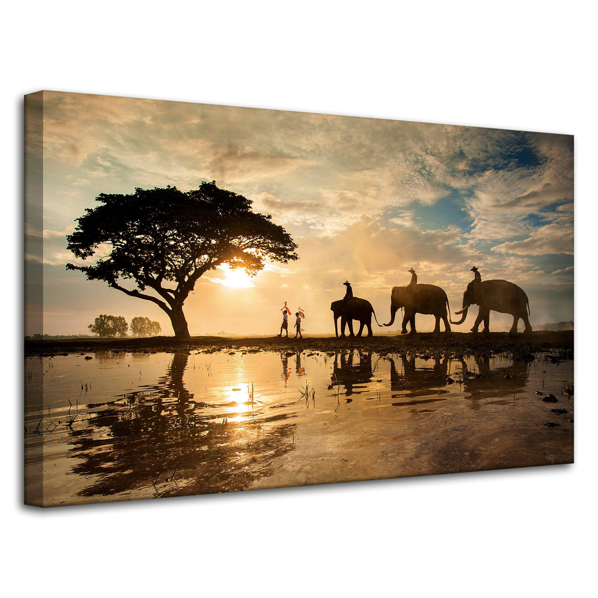 Obraz na plátně Lidé na slonech Západ slunce Afrika Savana 80x50 cm