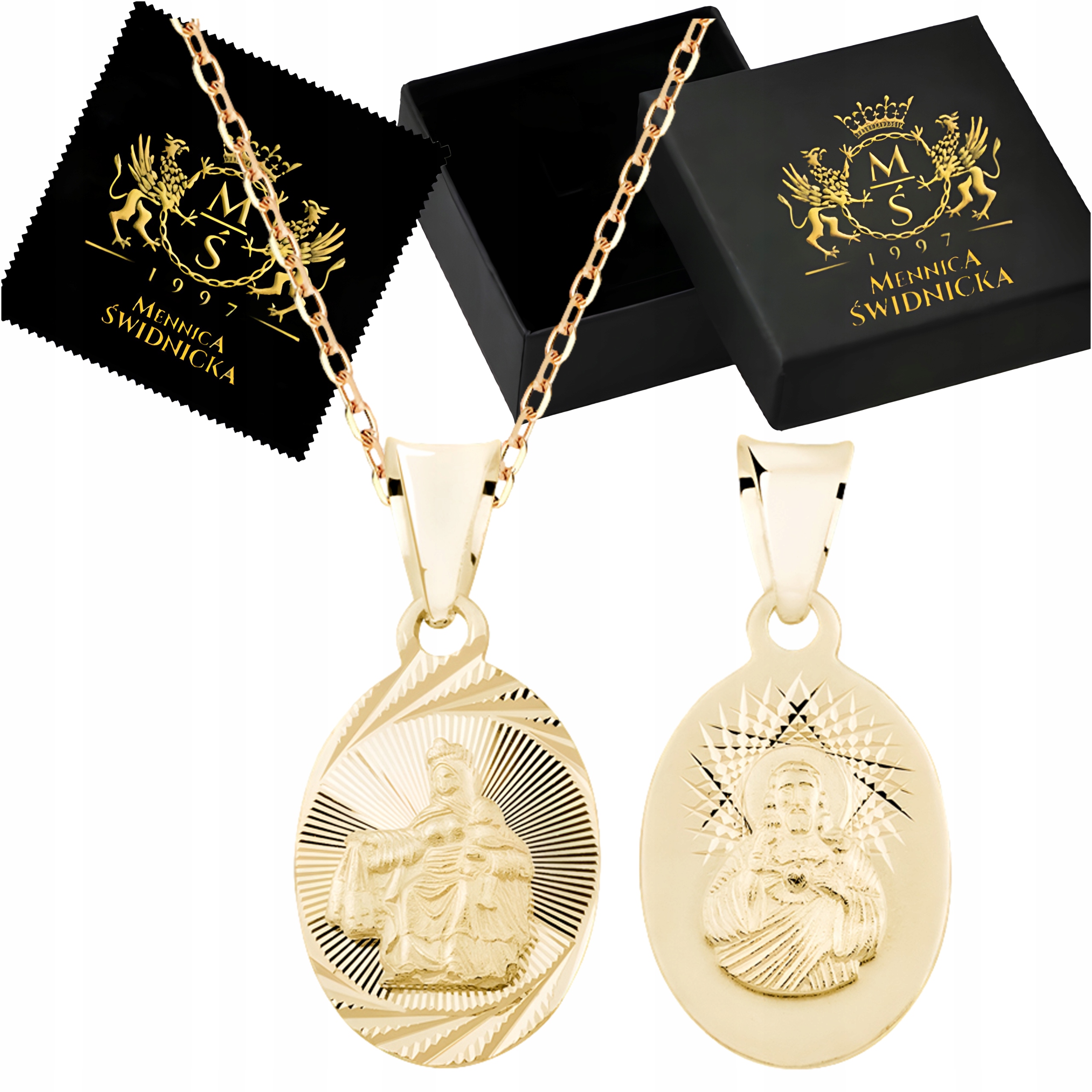 Stříbrný pozlacený medailon s řetízkem Ježíšek Matka Boží Škaplerská