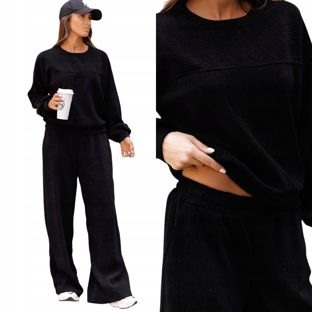 Dámský Teplákovka Komplet z manšestru, široké kalhoty, oversize mikina S/m, černá
