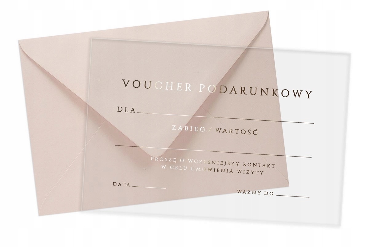 TRANSPARENTNE VOUCHERY PODARUNKOWE ZŁOTE SATYNOWE PLEKSI AKRYLOWE 48H 50szt