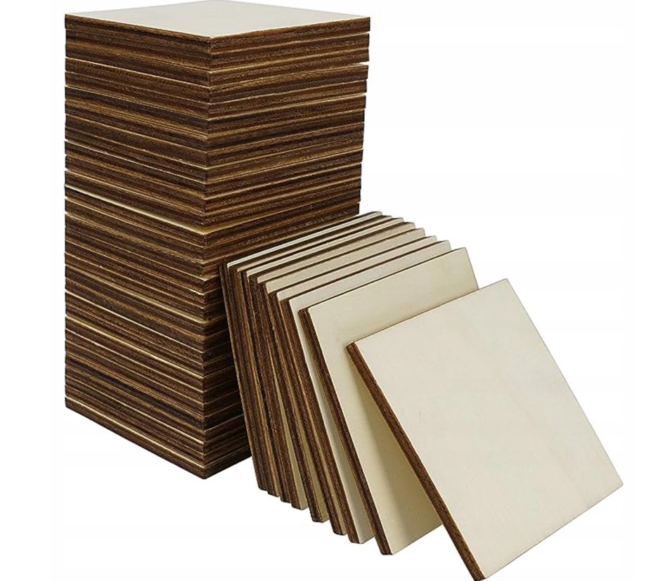 Podstavce pod hrnek dřevěné 10cm 100 kusů čtverců, překližka pro rukodělné aktivity