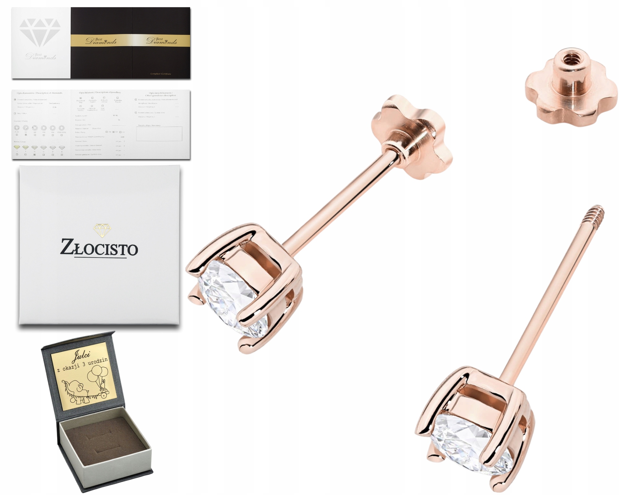 Růžové Zlato Náušnice Diamanty Brilianty Šroubovací Tyčinky Zlato 585