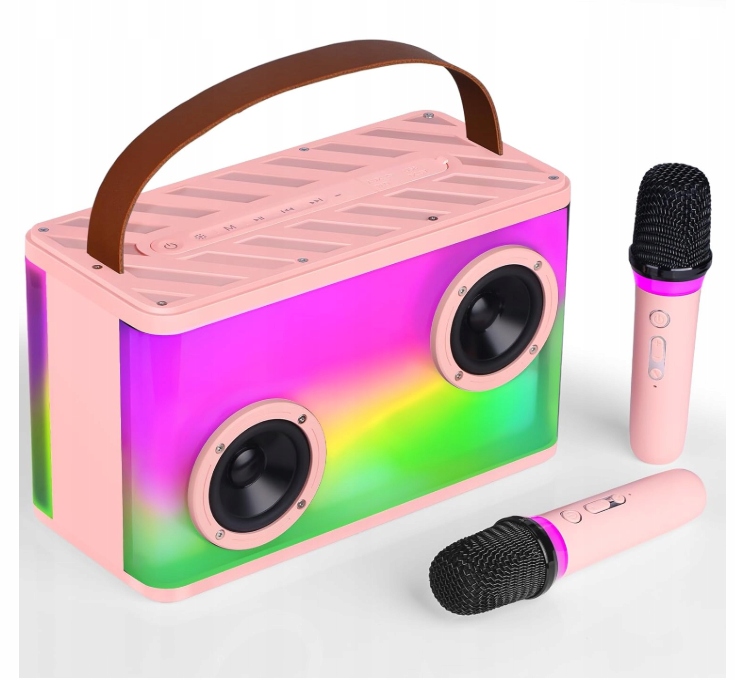 Sada pre Karaoke Prenosný Led reproduktor 2 mikrofóny Bonaok Farba Ružová K20