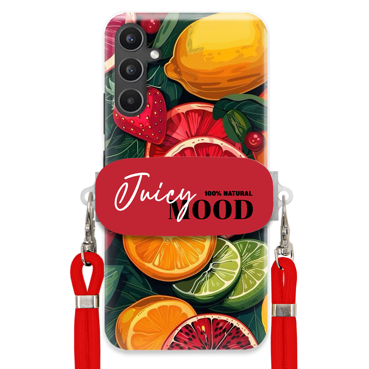 Puzdro pre Samsung A34 5G Červené Crossbody vodítko držiak Juice Mood Ovocie