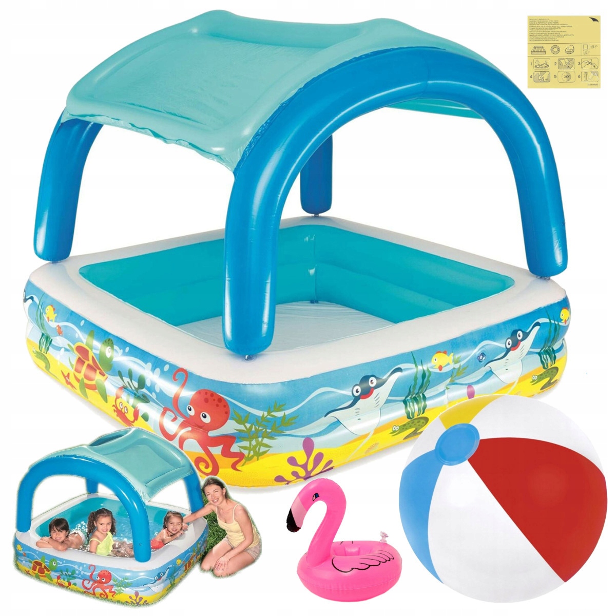 Dmuchany Basen Basenik dla Dzieci z Daszkiem 140x140 Zestaw Piłka Flaming