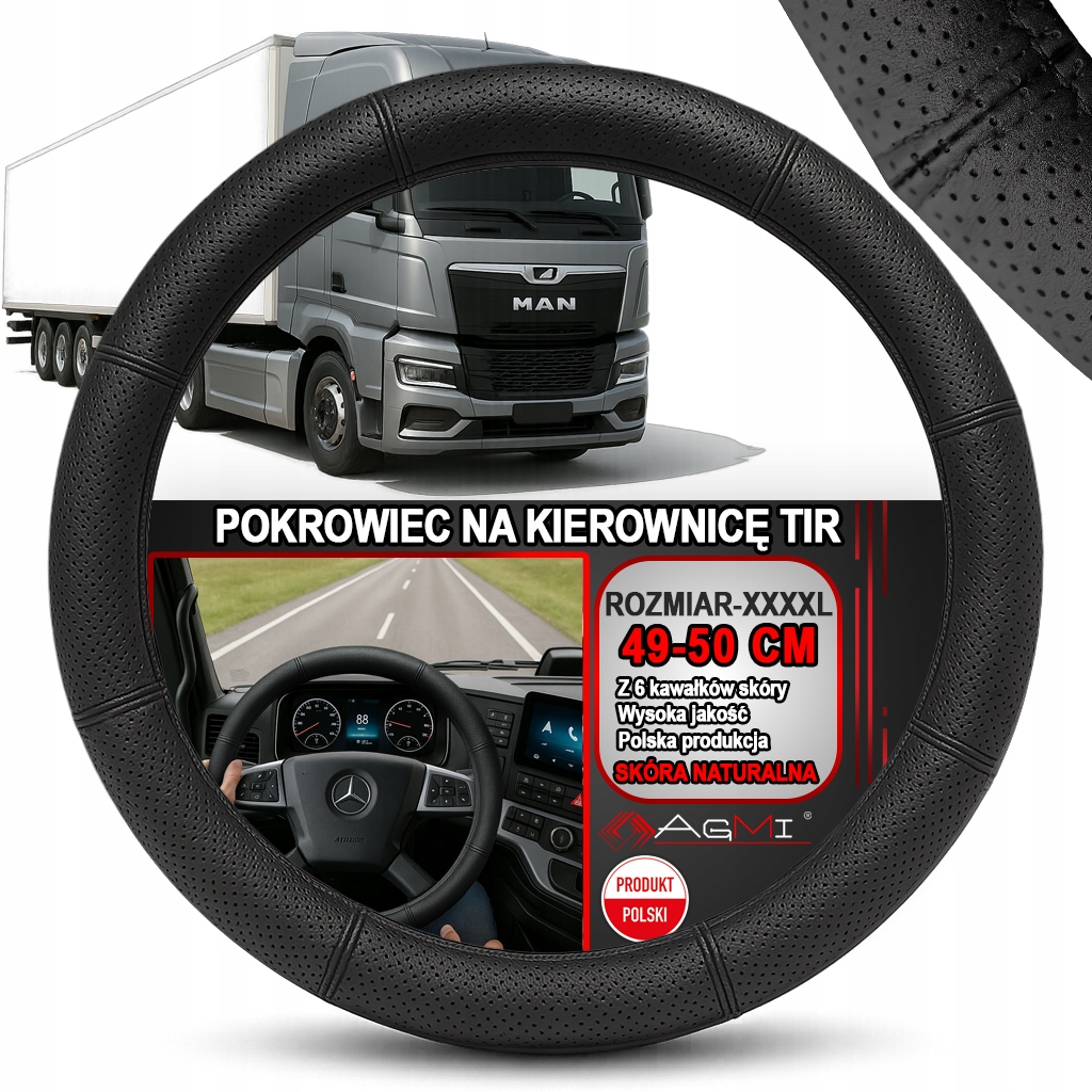 Nakładka Na Kierownicę Tir Bus Skórzany Pokrowiec Skóra Perforowana 49-50CM