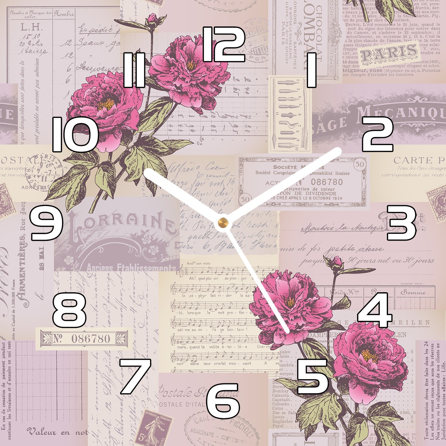 

Ścienny zegar na szkle Kolaż papier i peonie 30x30