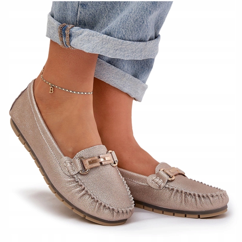 Ploché Brokátové Mokasíny S Koženou Ozdobou D&a LR51-546 Zlaté 36