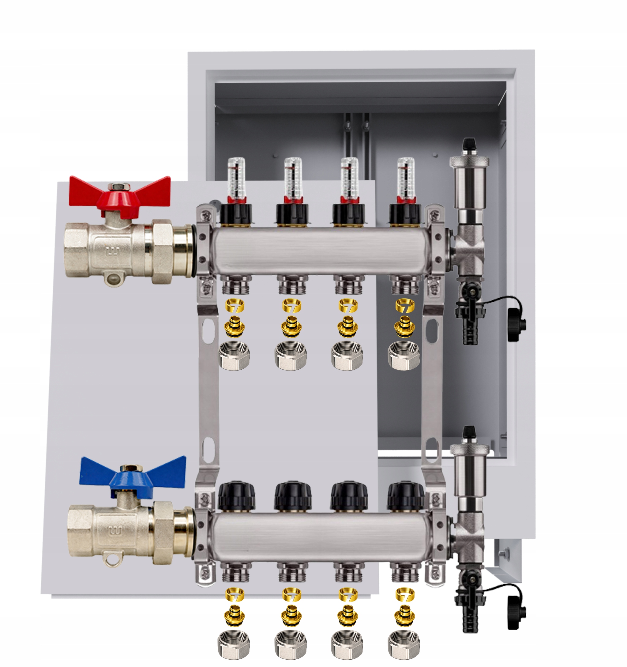 Nerezový rozdělovač pro podlahu 4 okruhy podomítková skříňka Pex