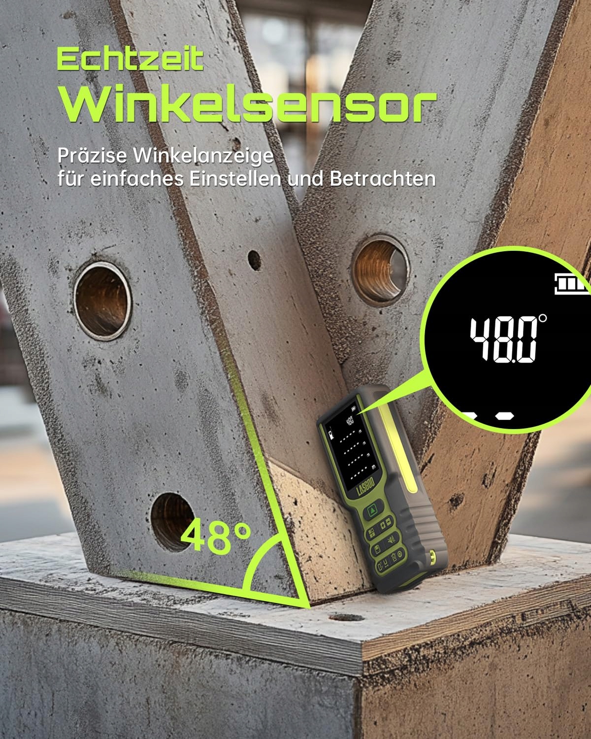 LASGOO Dalmierz Laserowy 100m z LCD i Czujnikiem Kąta — miniatura 3