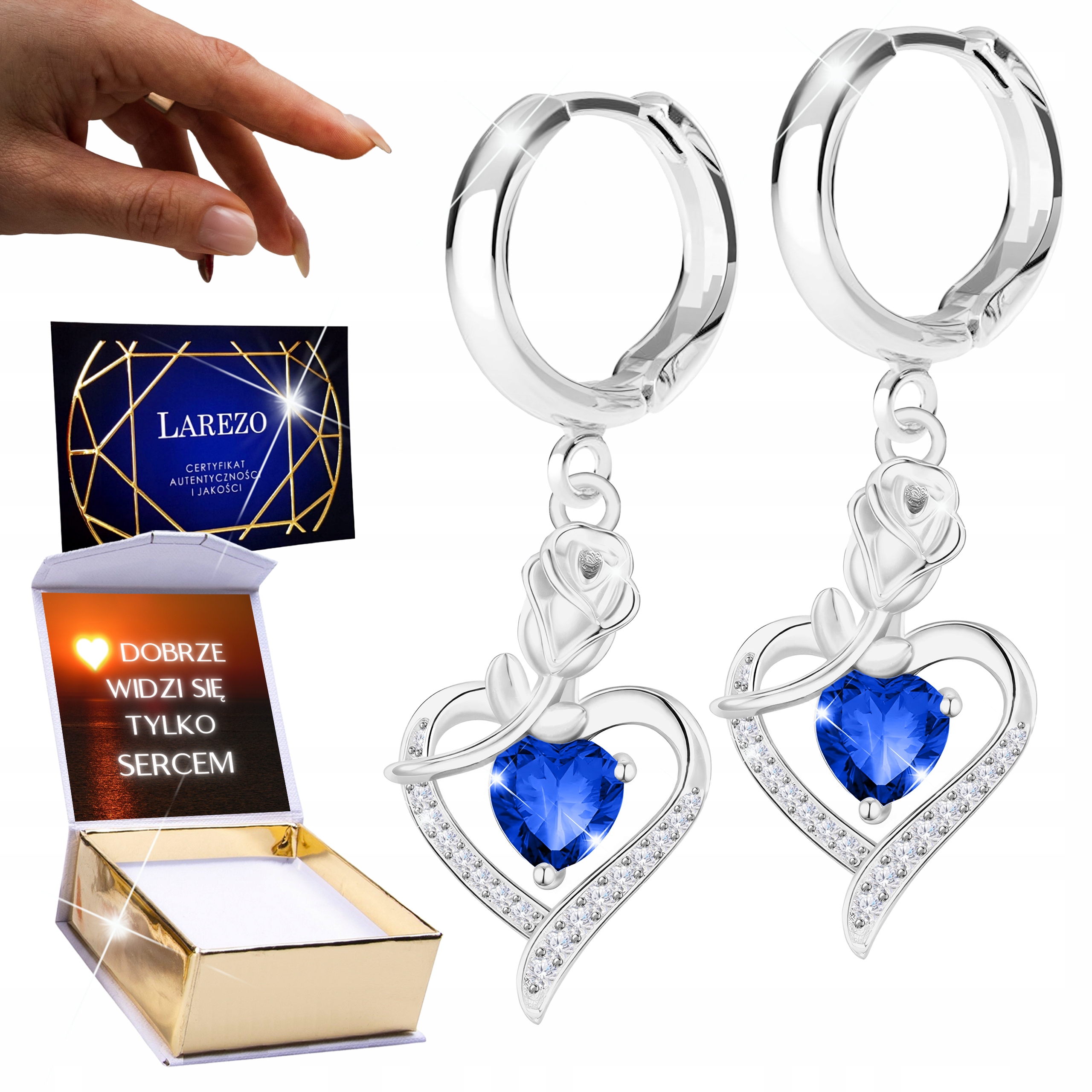 Stříbrné Náušnice 925 Modré srdce Růže Srdíčka s růží Tulipány Potisk